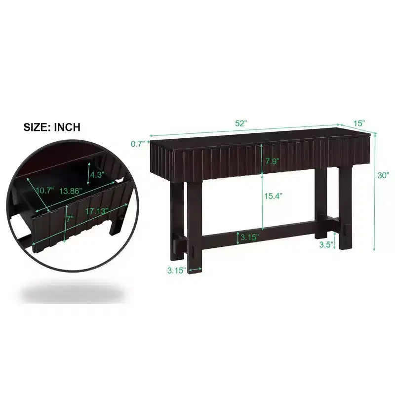Table console de 52 po avec tiroirs de rangement et pieds en bois massif pour salon et entrée de couloir, expresso