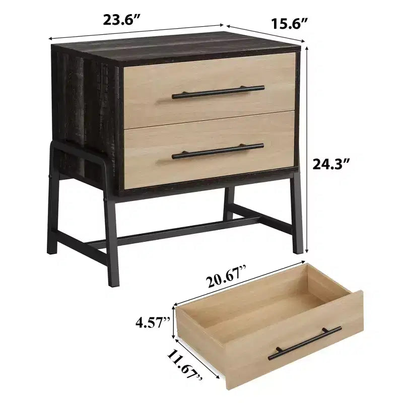 Table de chevet avec tiroirs, table de chevet de 60 cm de large avec rangement, table d'appoint en bois clair avec pieds en métal, table de chevet marron foncé