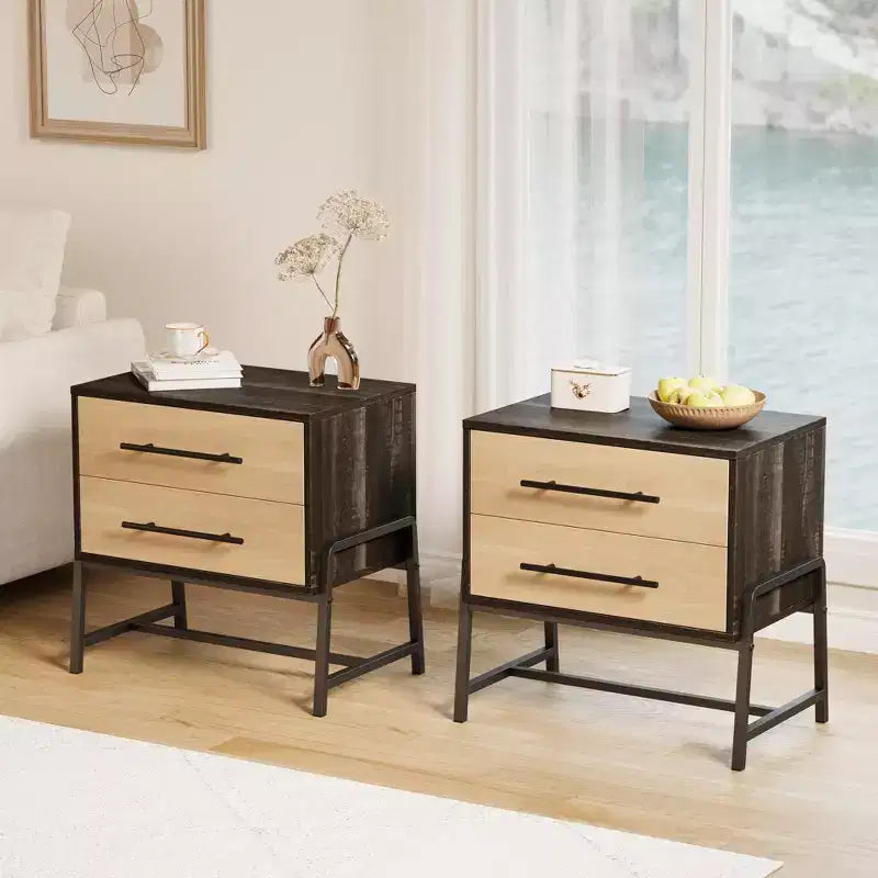 Table de chevet avec tiroirs, table de chevet de 60 cm de large avec rangement, table d'appoint en bois clair avec pieds en métal, table de chevet marron foncé