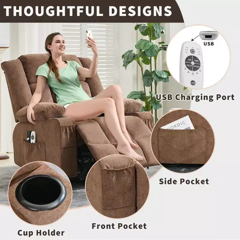 Grand Fauteuil Relax Électrique Inclinable pour Adulte avec Chauffage et Massage, Fauteuil Inclinable en Tissu Surdimensionné pour Salon avec Position Infinie