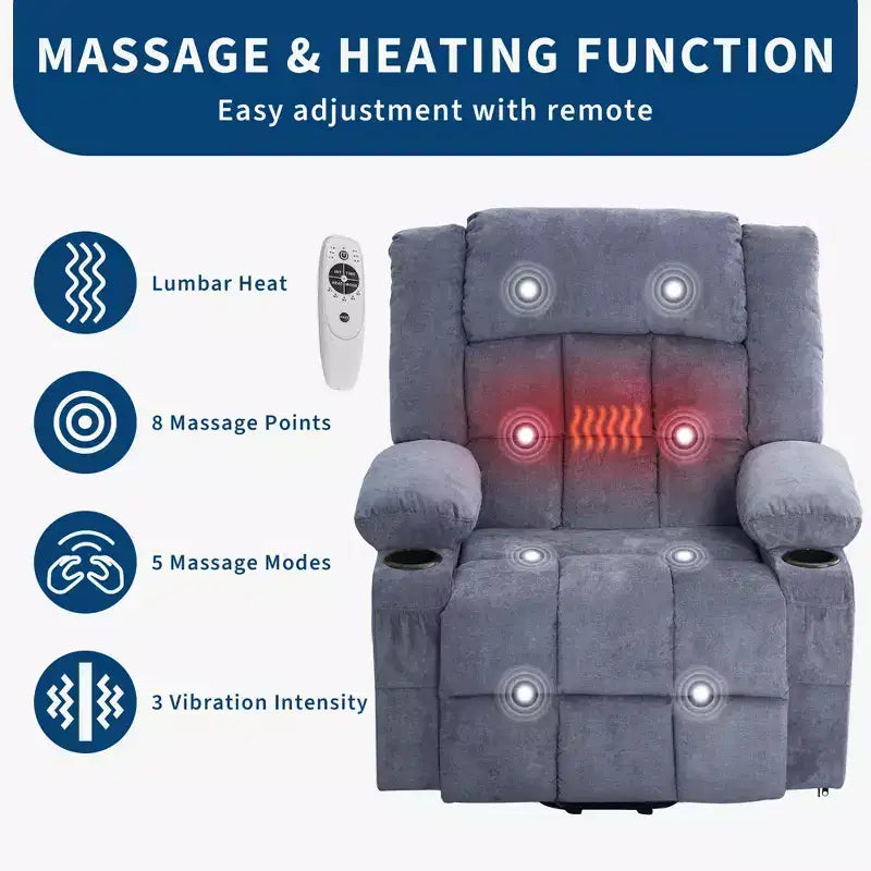 Grand Fauteuil Relax Électrique Inclinable pour Adulte avec Chauffage et Massage, Fauteuil Inclinable en Tissu Surdimensionné pour Salon avec Position Infinie