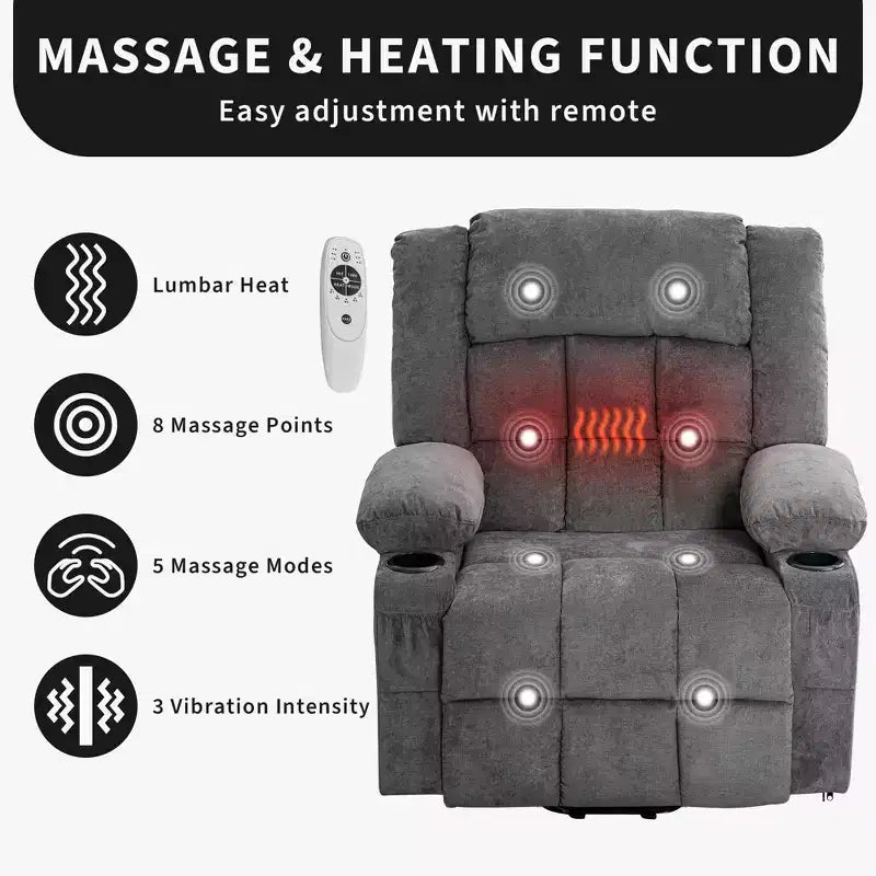 Grand Fauteuil Relax Électrique Inclinable pour Adulte avec Chauffage et Massage, Fauteuil Inclinable en Tissu Surdimensionné pour Salon avec Position Infinie
