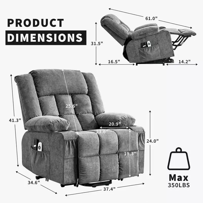 Grand Fauteuil Relax Électrique Inclinable pour Adulte avec Chauffage et Massage, Fauteuil Inclinable en Tissu Surdimensionné pour Salon avec Position Infinie