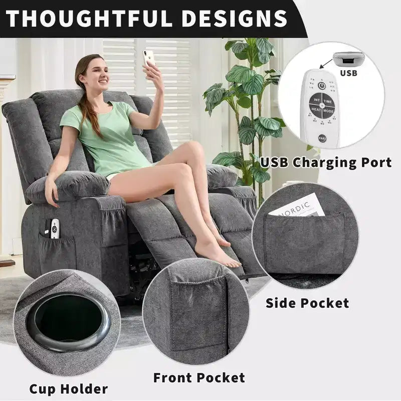 Grand Fauteuil Relax Électrique Inclinable pour Adulte avec Chauffage et Massage, Fauteuil Inclinable en Tissu Surdimensionné pour Salon avec Position Infinie