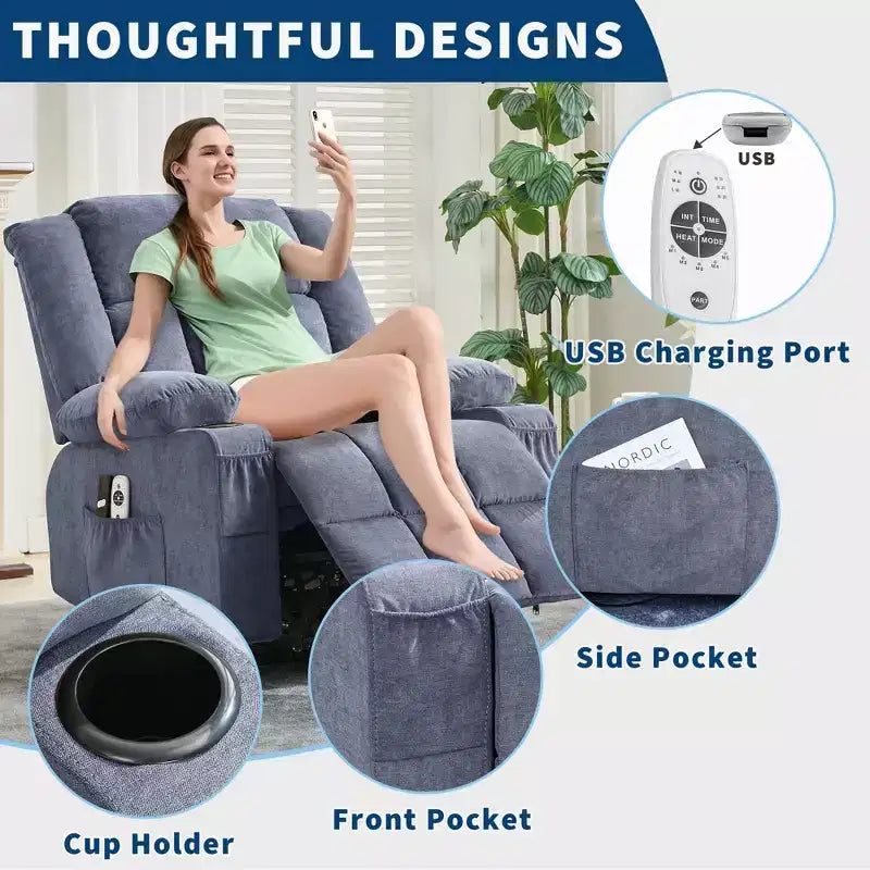 Grand Fauteuil Relax Électrique Inclinable pour Adulte avec Chauffage et Massage, Fauteuil Inclinable en Tissu Surdimensionné pour Salon avec Position Infinie