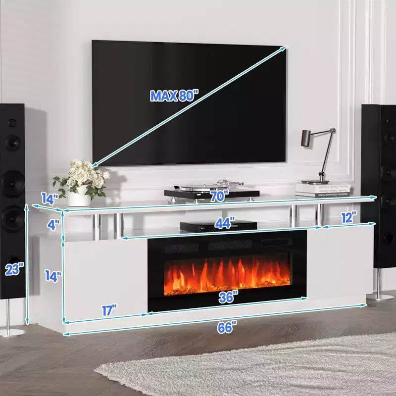 Meuble TV moderne avec foyer et double commande, 12 couleurs de flamme, lit de braises, grand espace de rangement, gestion des câbles, console média de 70 po pour salon, blanc