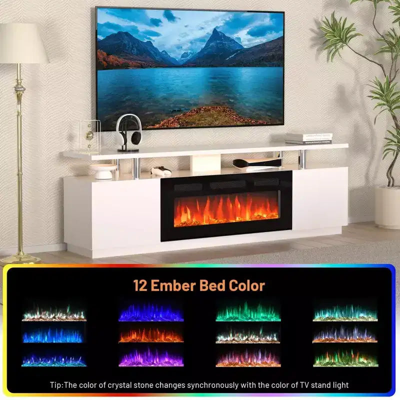 Meuble TV moderne avec foyer et double commande, 12 couleurs de flamme, lit de braises, grand espace de rangement, gestion des câbles, console média de 70 po pour salon, blanc