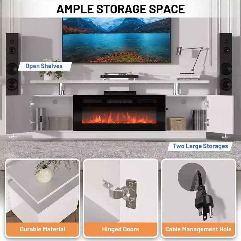 Meuble TV moderne avec foyer et double commande, 12 couleurs de flamme, lit de braises, grand espace de rangement, gestion des câbles, console média de 70 po pour salon, blanc