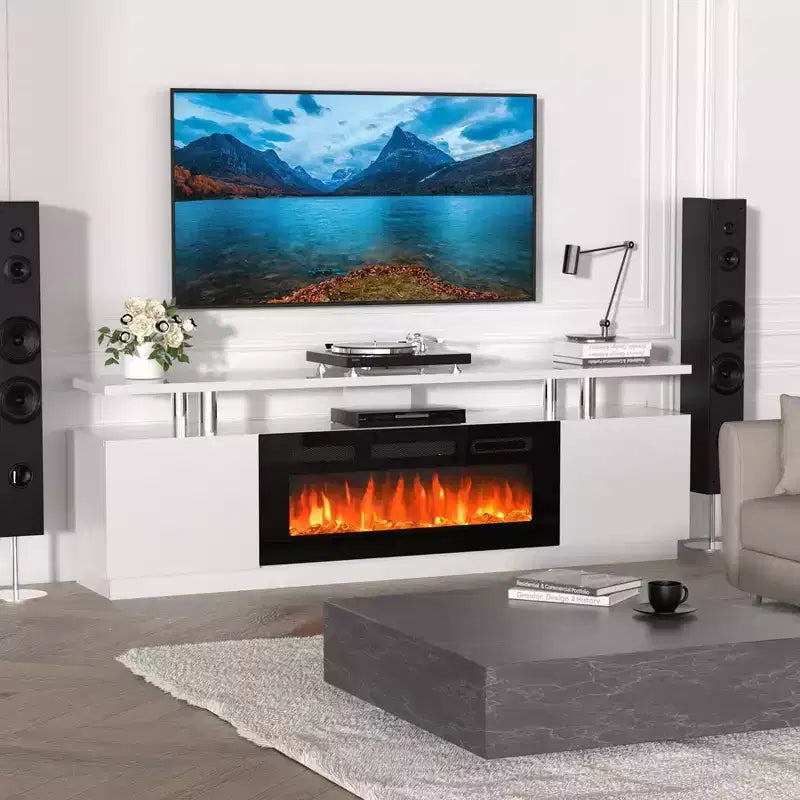 Meuble TV moderne avec foyer et double commande, 12 couleurs de flamme, lit de braises, grand espace de rangement, gestion des câbles, console média de 70 po pour salon, blanc