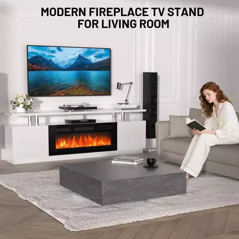 Meuble TV moderne avec foyer et double commande, 12 couleurs de flamme, lit de braises, grand espace de rangement, gestion des câbles, console média de 70 po pour salon, blanc
