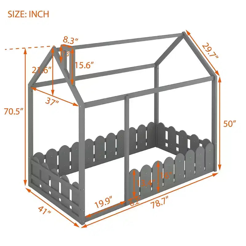 Lit au sol Montessori jumeau pour enfants, lit cabane en bois avec clôture, lit bas pour tout-petits, gris