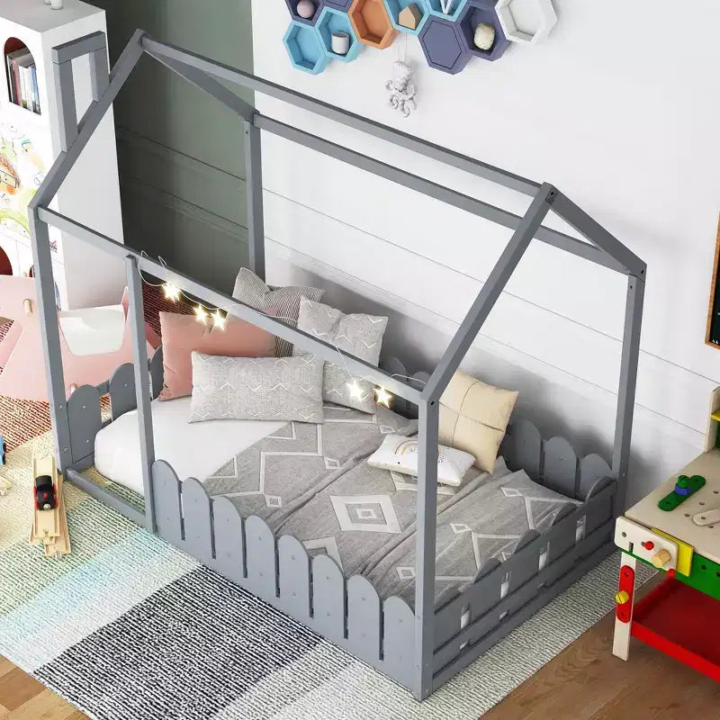 Lit au sol Montessori jumeau pour enfants, lit cabane en bois avec clôture, lit bas pour tout-petits, gris