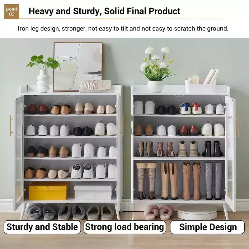 Meuble de rangement à chaussures avec portes en verre, armoire à chaussures à 5 niveaux avec pieds robustes, meuble de rangement à chaussures pour entrée