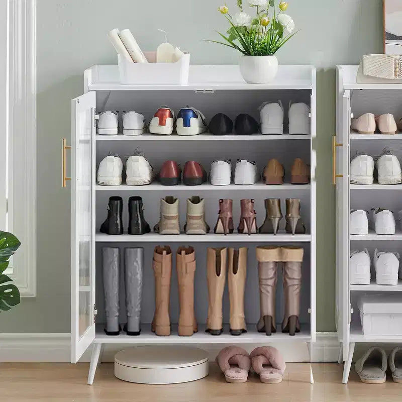 Meuble de rangement à chaussures avec portes en verre, armoire à chaussures à 5 niveaux avec pieds robustes, meuble de rangement à chaussures pour entrée
