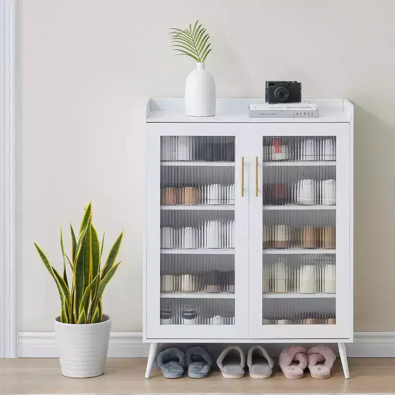 Meuble de rangement à chaussures avec portes en verre, armoire à chaussures à 5 niveaux avec pieds robustes, meuble de rangement à chaussures pour entrée