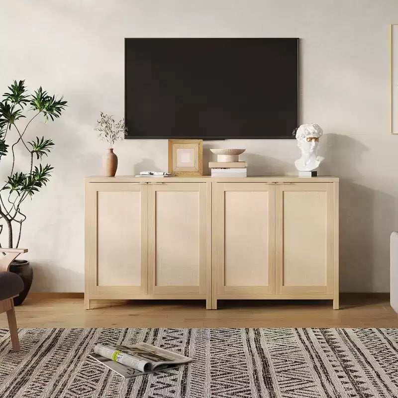 Buffet en rotin 34" avec étagères réglables, meuble de rangement autoportant pour salle à manger, cuisine, couloir, décor bohème