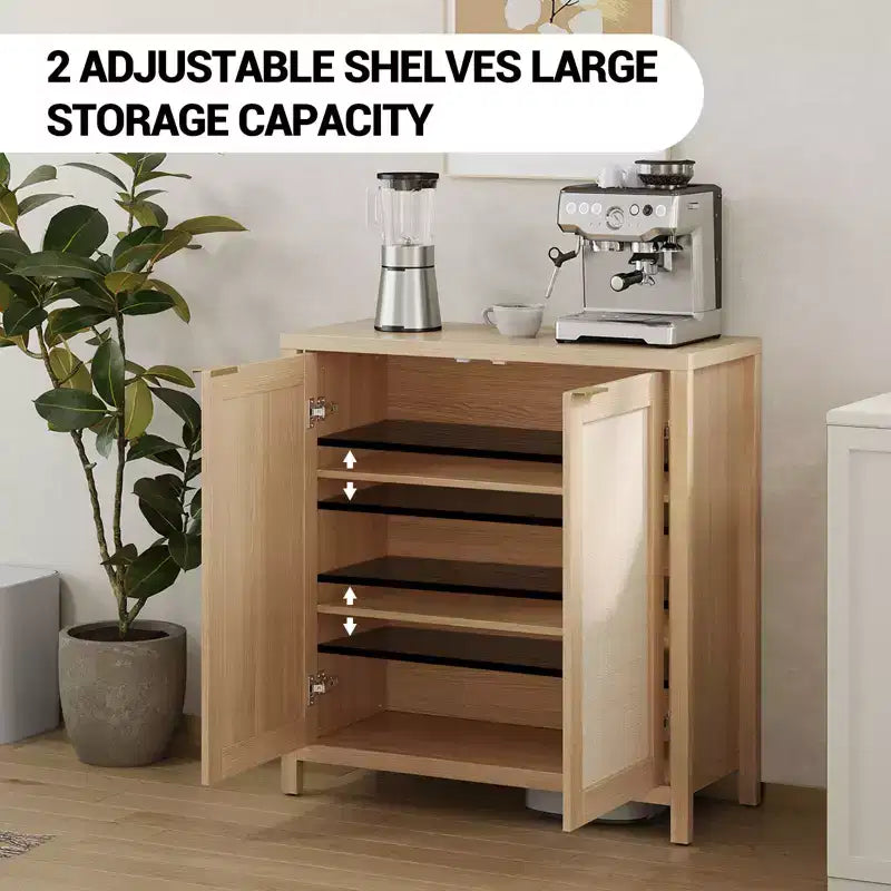 Buffet en rotin 34" avec étagères réglables, meuble de rangement autoportant pour salle à manger, cuisine, couloir, décor bohème