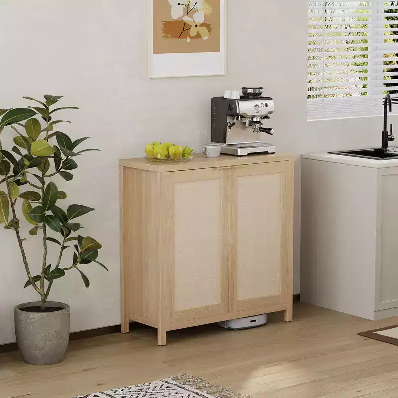 Buffet en rotin 34" avec étagères réglables, meuble de rangement autoportant pour salle à manger, cuisine, couloir, décor bohème