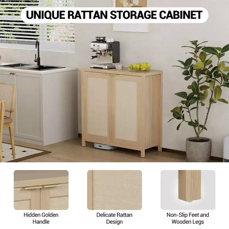 Buffet en rotin 34" avec étagères réglables, meuble de rangement autoportant pour salle à manger, cuisine, couloir, décor bohème