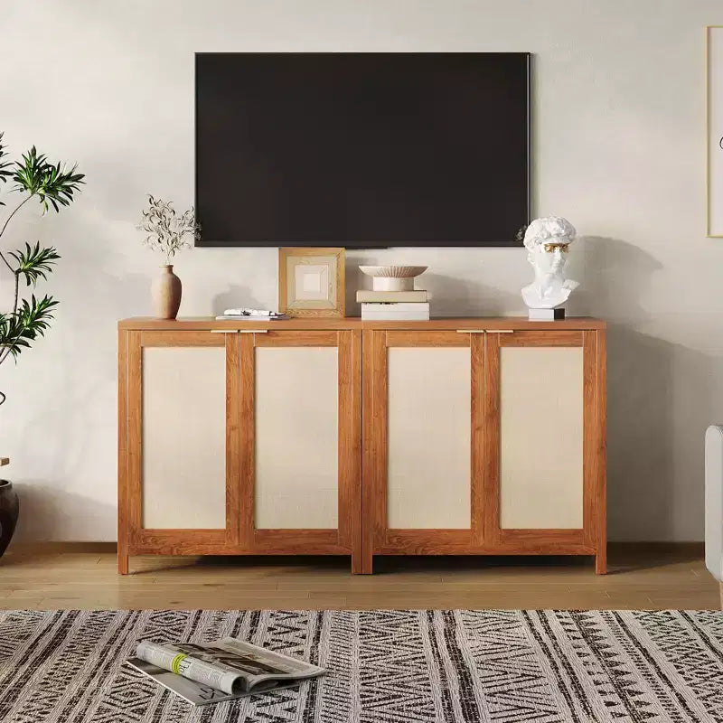 Buffet en rotin 34" avec étagères réglables, meuble de rangement autoportant pour salle à manger, cuisine, couloir, décor bohème