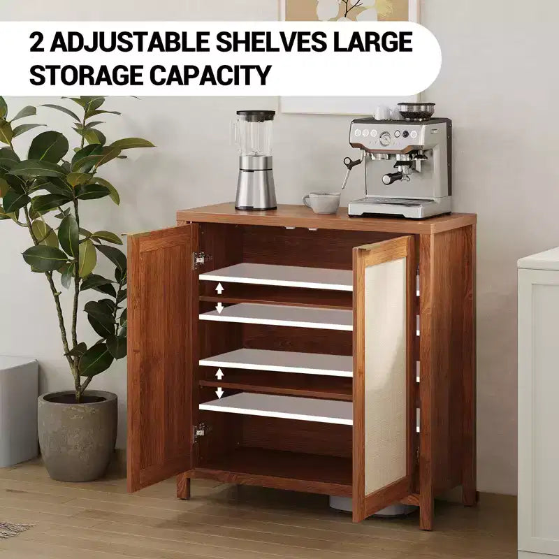 Buffet en rotin 34" avec étagères réglables, meuble de rangement autoportant pour salle à manger, cuisine, couloir, décor bohème