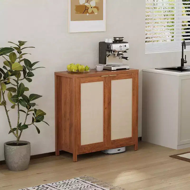 Buffet en rotin 34" avec étagères réglables, meuble de rangement autoportant pour salle à manger, cuisine, couloir, décor bohème