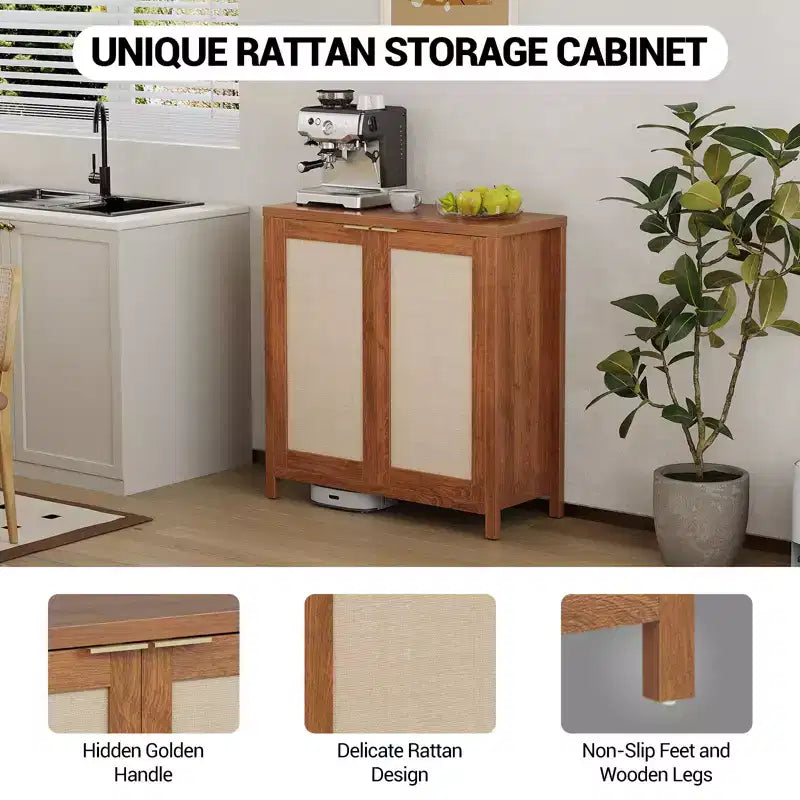 Buffet en rotin 34" avec étagères réglables, meuble de rangement autoportant pour salle à manger, cuisine, couloir, décor bohème