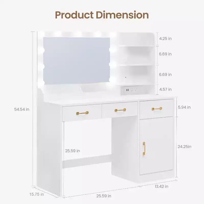 Coiffeuse avec miroir, station de charge, 3 tiroirs, meuble et étagères ouvertes, meuble-lavabo pour chambre à coucher, blanc