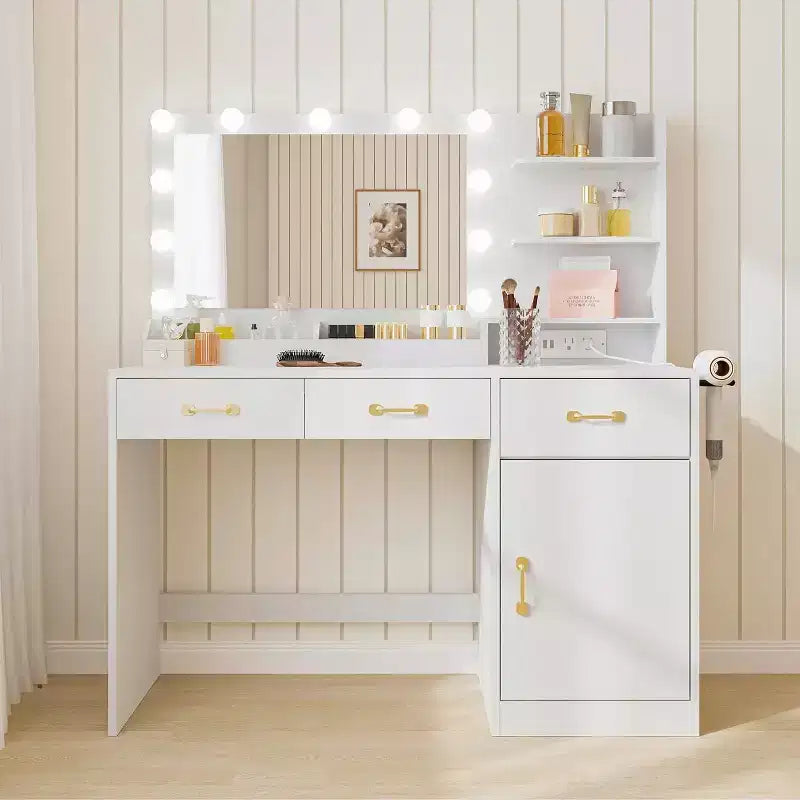 Coiffeuse avec miroir, station de charge, 3 tiroirs, meuble et étagères ouvertes, meuble-lavabo pour chambre à coucher, blanc