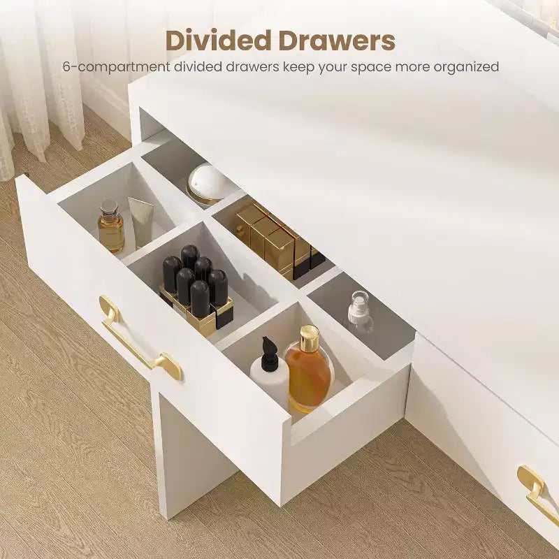 Coiffeuse avec miroir, station de charge, 3 tiroirs, meuble et étagères ouvertes, meuble-lavabo pour chambre à coucher, blanc