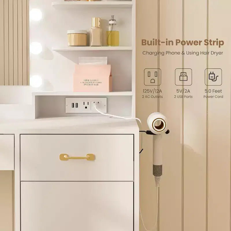 Coiffeuse avec miroir, station de charge, 3 tiroirs, meuble et étagères ouvertes, meuble-lavabo pour chambre à coucher, blanc