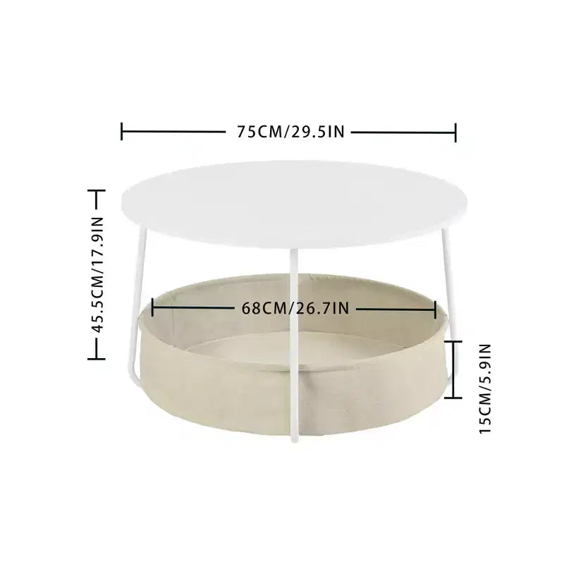 Table basse ronde à 2 niveaux avec panier de rangement en tissu, table d'appoint moderne de 75 cm pour salon, chambre, bureau, blanc/chameau