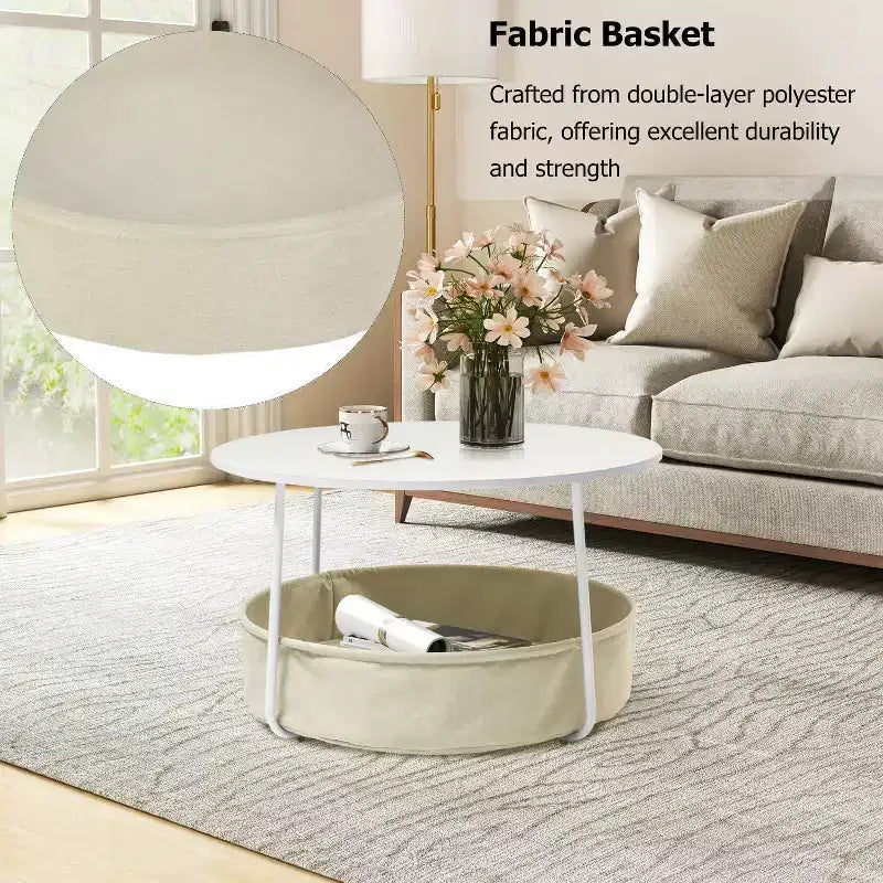 Table basse ronde à 2 niveaux avec panier de rangement en tissu, table d'appoint moderne de 75 cm pour salon, chambre, bureau, blanc/chameau