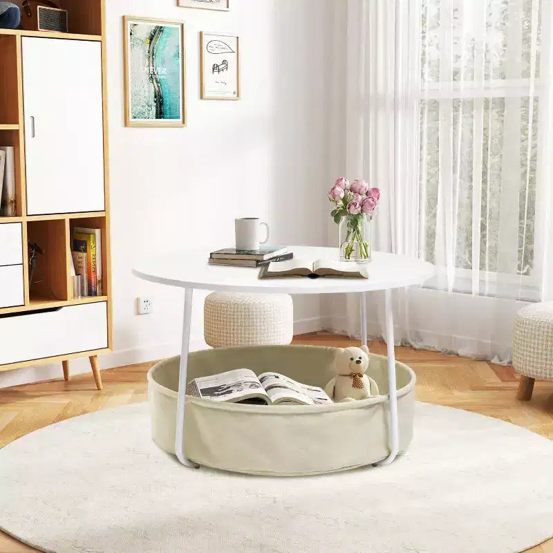 Table basse ronde à 2 niveaux avec panier de rangement en tissu, table d'appoint moderne de 75 cm pour salon, chambre, bureau, blanc/chameau