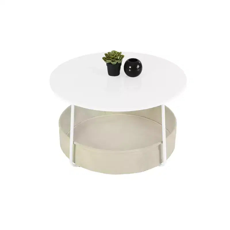 Table basse ronde à 2 niveaux avec panier de rangement en tissu, table d'appoint moderne de 75 cm pour salon, chambre, bureau, blanc/chameau