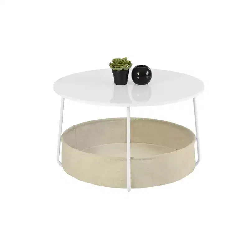 Table basse ronde à 2 niveaux avec panier de rangement en tissu, table d'appoint moderne de 75 cm pour salon, chambre, bureau, blanc/chameau