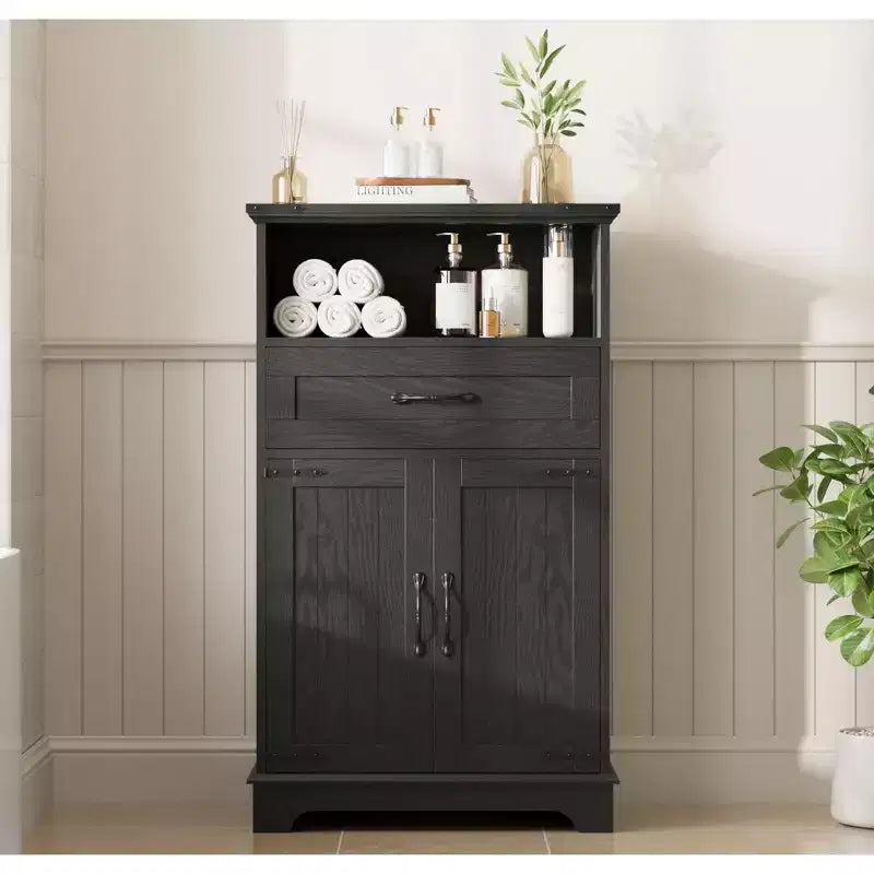 Meuble de salle de bain de style ferme avec portes et tiroirs, meuble de rangement autonome avec texture bois