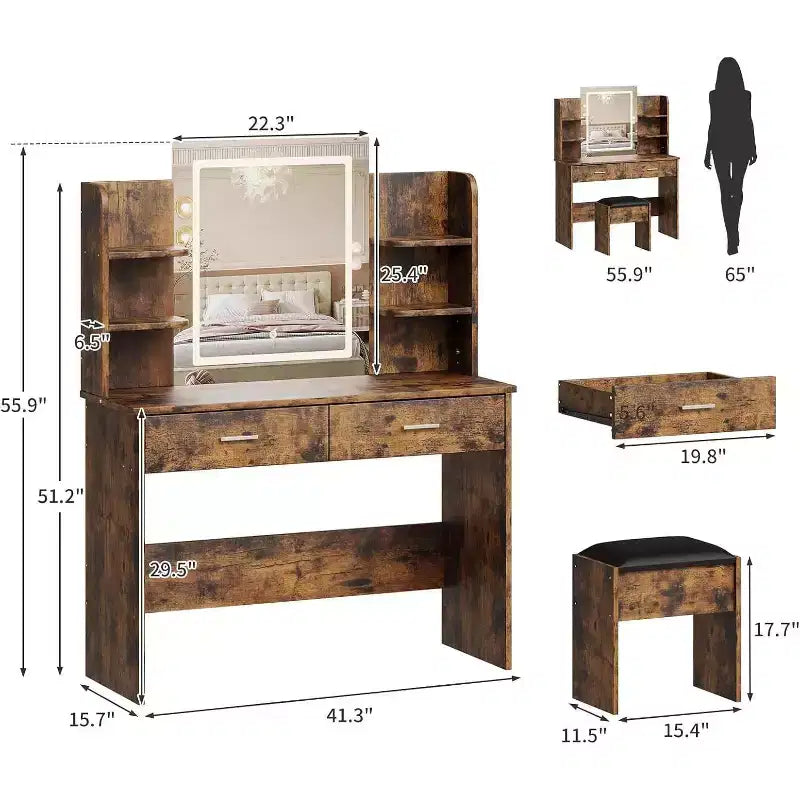 Coiffeuse avec miroir lumineux, tabouret, prise de courant, 6 étagères, 2 grands tiroirs, LED réglable 3 couleurs, coiffeuse pour chambre à coucher