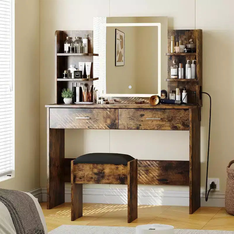 Coiffeuse avec miroir lumineux, tabouret, prise de courant, 6 étagères, 2 grands tiroirs, LED réglable 3 couleurs, coiffeuse pour chambre à coucher
