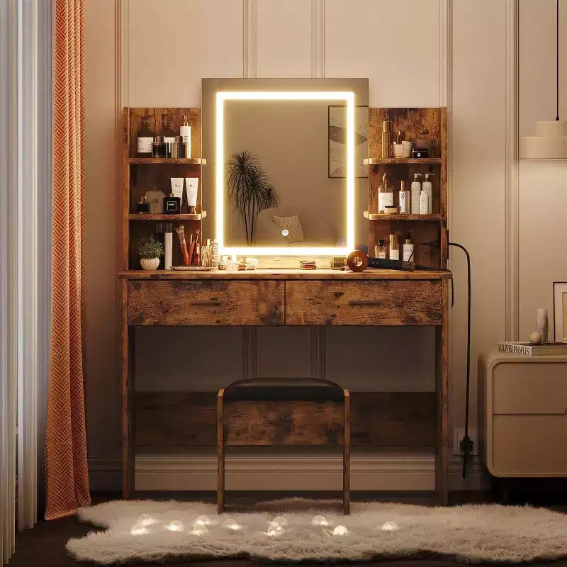 Coiffeuse avec miroir lumineux, tabouret, prise de courant, 6 étagères, 2 grands tiroirs, LED réglable 3 couleurs, coiffeuse pour chambre à coucher