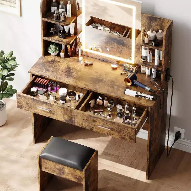 Coiffeuse avec miroir lumineux, tabouret, prise de courant, 6 étagères, 2 grands tiroirs, LED réglable 3 couleurs, coiffeuse pour chambre à coucher