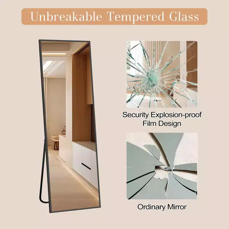Miroir sur pied rectangulaire moderne de 58 pouces avec cadre en alliage d'aluminium noir