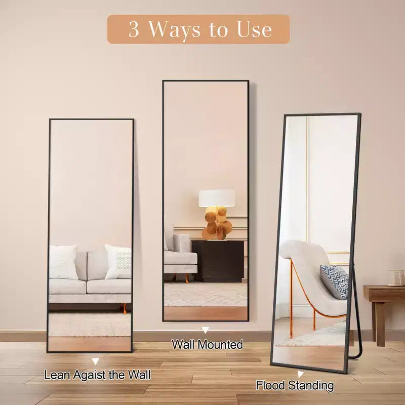 Miroir sur pied rectangulaire moderne de 58 pouces avec cadre en alliage d'aluminium noir