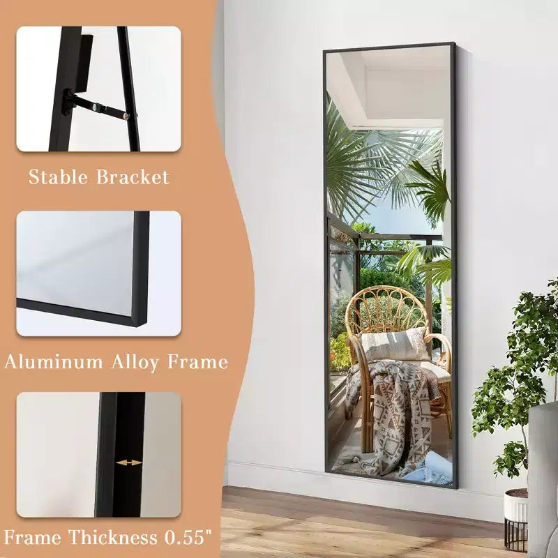 Miroir sur pied rectangulaire moderne de 58 pouces avec cadre en alliage d'aluminium noir