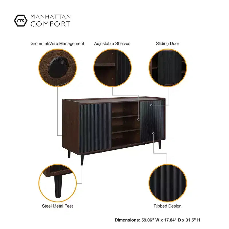 Buffet commode moderne du milieu du siècle à 2 portes avec pieds en métal (59")
