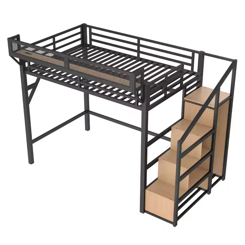Lit mezzanine complet avec escalier de rangement, armoire et étagères intégrées, cadre métallique, ports USB, lumières LED, design anti-bruit, bois naturel
