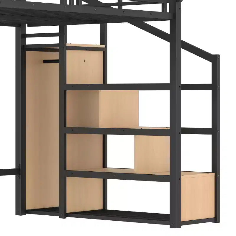Lit mezzanine complet avec escalier de rangement, armoire et étagères intégrées, cadre métallique, ports USB, lumières LED, design anti-bruit, bois naturel