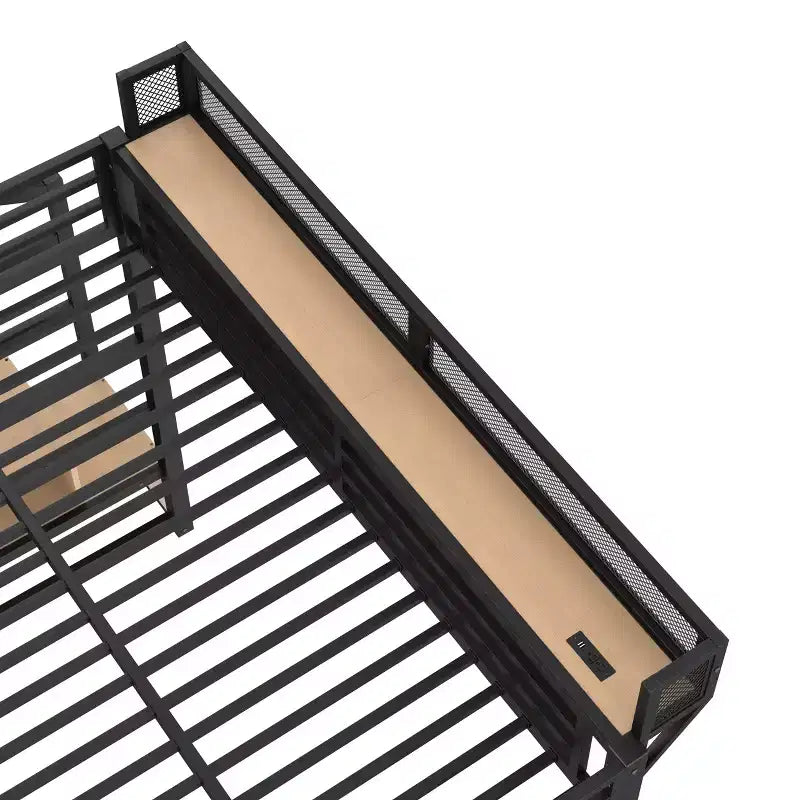 Lit mezzanine complet avec escalier de rangement, armoire et étagères intégrées, cadre métallique, ports USB, lumières LED, design anti-bruit, bois naturel