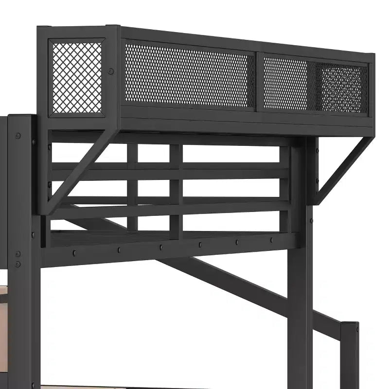 Lit mezzanine complet avec escalier de rangement, armoire et étagères intégrées, cadre métallique, ports USB, lumières LED, design anti-bruit, bois naturel