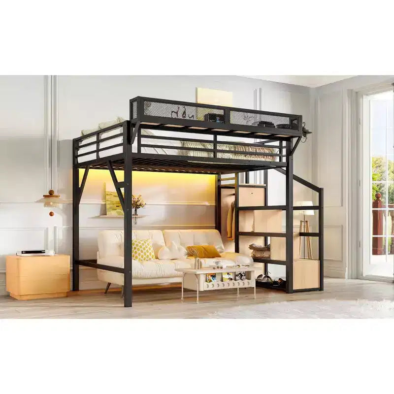 Lit mezzanine complet avec escalier de rangement, armoire et étagères intégrées, cadre métallique, ports USB, lumières LED, design anti-bruit, bois naturel